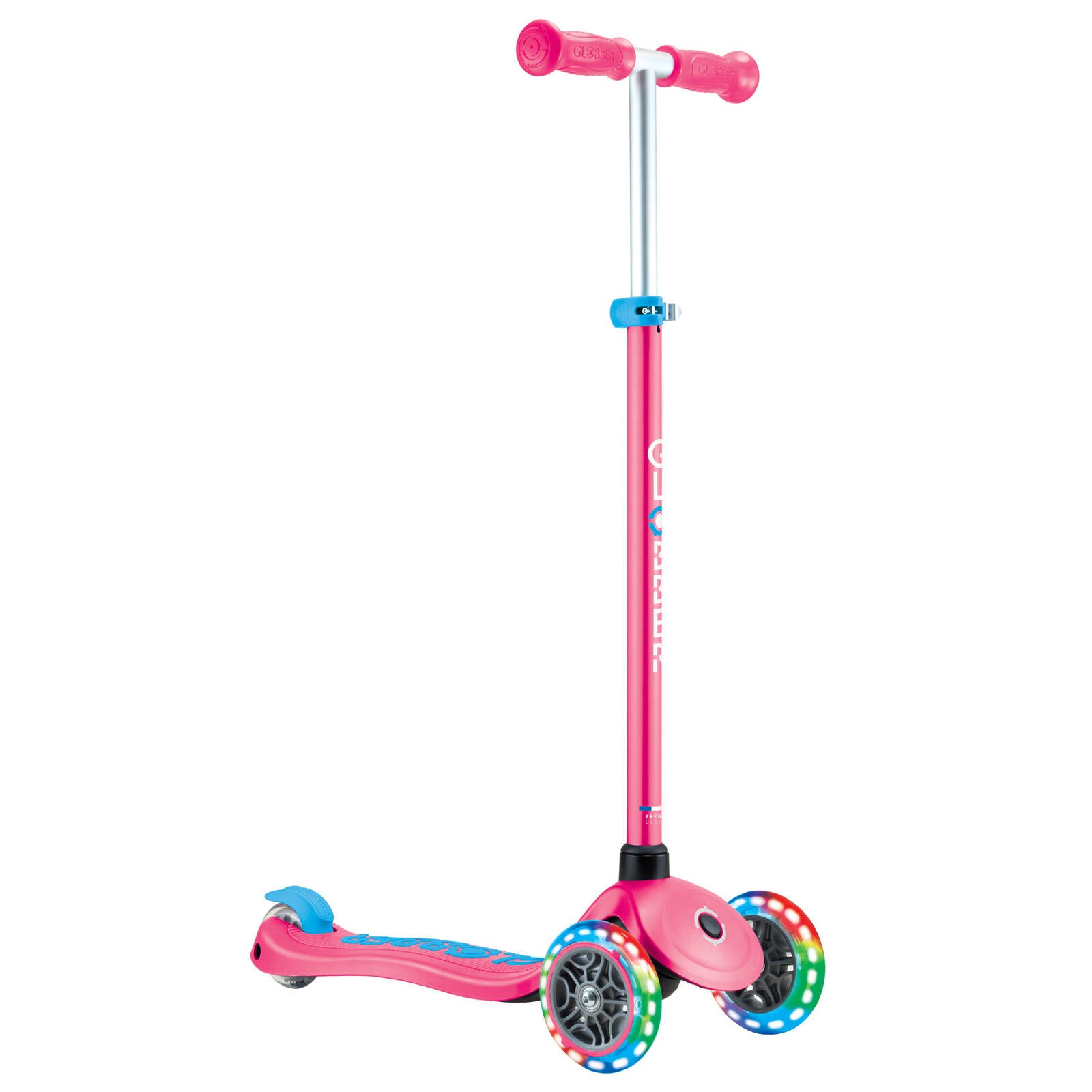 Globber Primo Plus Scooter with Lights - Fuchsia Pink / Sky Blue