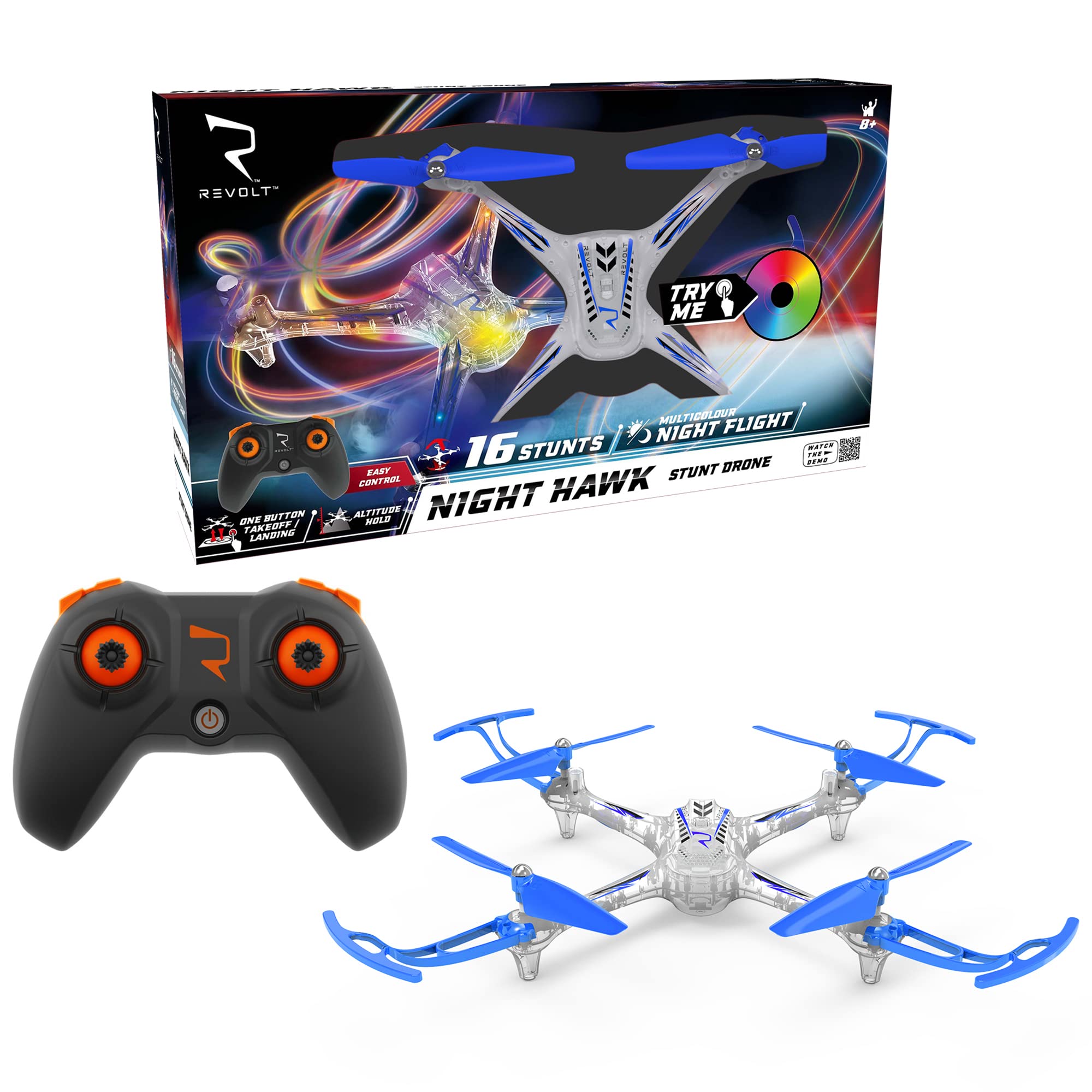 Revolt R/C Night Hawk Stunt Drone requires 4 x AAA batteries