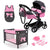 Bayer Doll Pram Xeo Mega Set Pink with Black Hood & Pink Bow