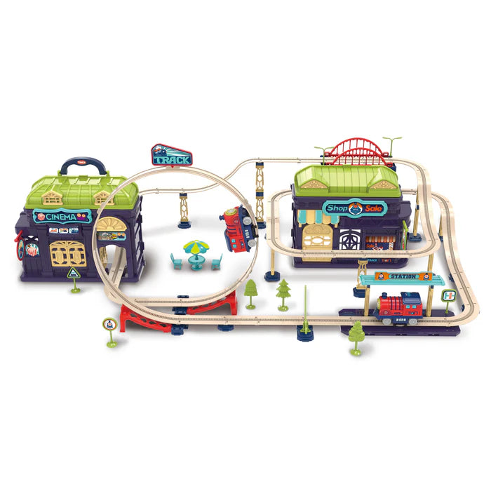 TRACK CITY Cinema/Shop Train Play Set 127pcs Req 2 AAA Batteries