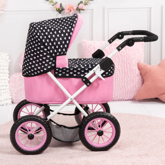 Bayer Trendy Dolls Pram Pink with Black Hood Pink Bows