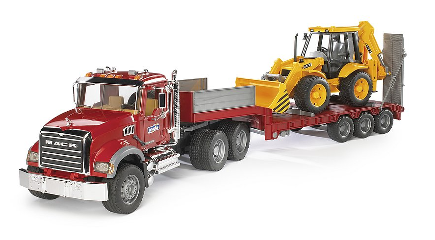 Bruder 02813 Mack Granite Low Loader with Backhoe Loader