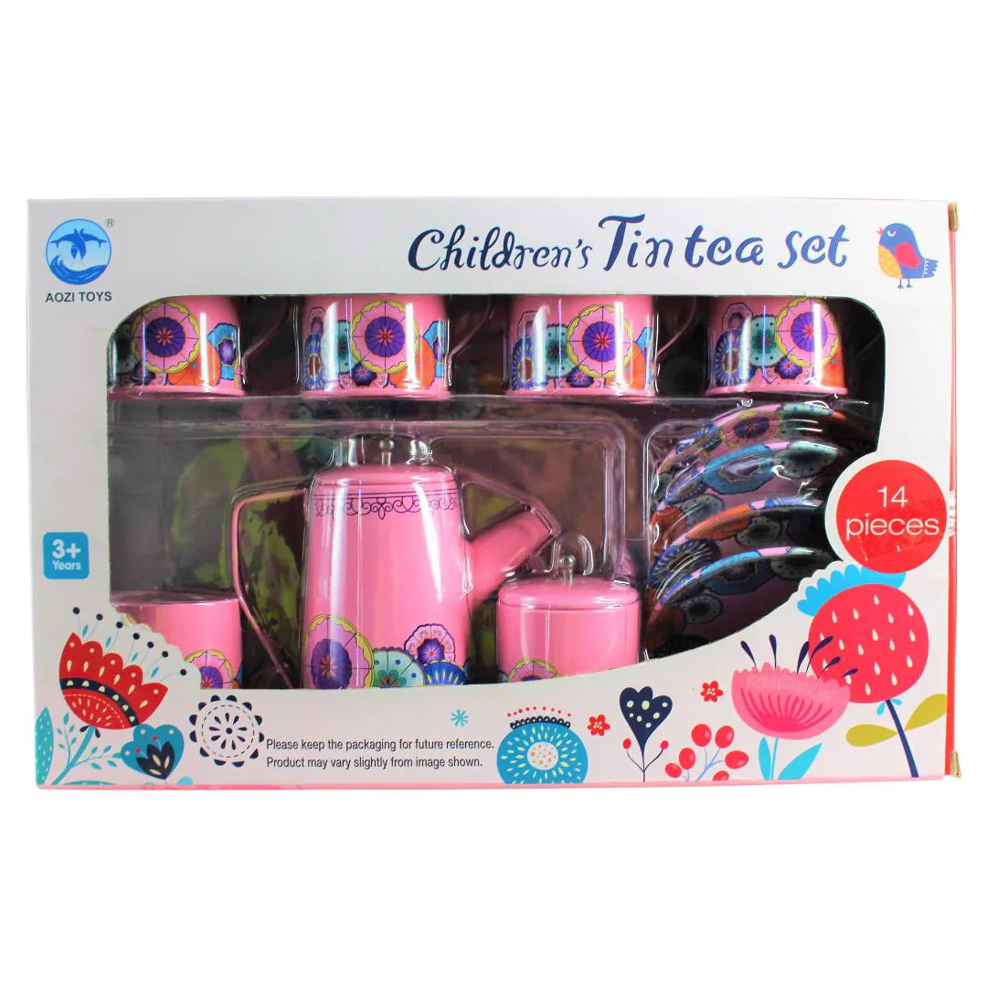 Pink Flower Design Tin Tea Set