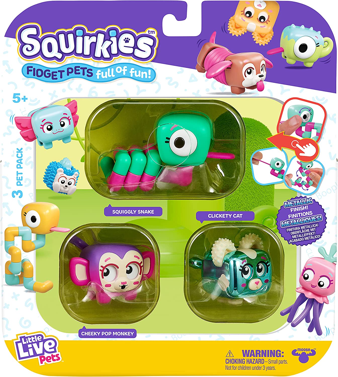 Little Live Pets Squirkies Fidget Pets 3 pack Squiggly Snake Clickety Cat Cheeky Pop Monkey